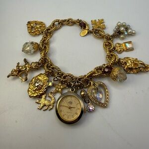 Kirk’s Folly Gold Tone Camelot Charm Bracelet Watch Crystals Unicorn 9” READ